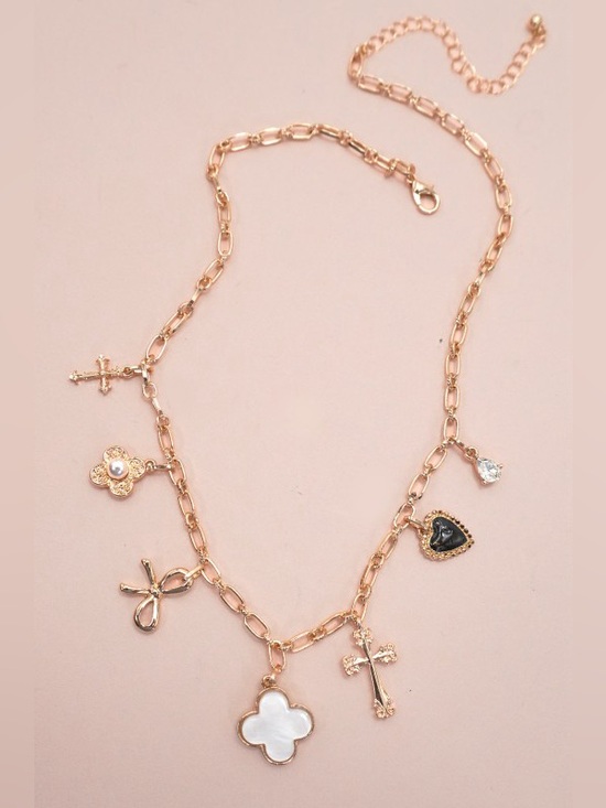 JOSSLYN by Wall to Wall Jewelry - JOSSLYN by Wall to Wall Gold Charm Necklace with Clover Bow Cross Heart Flower